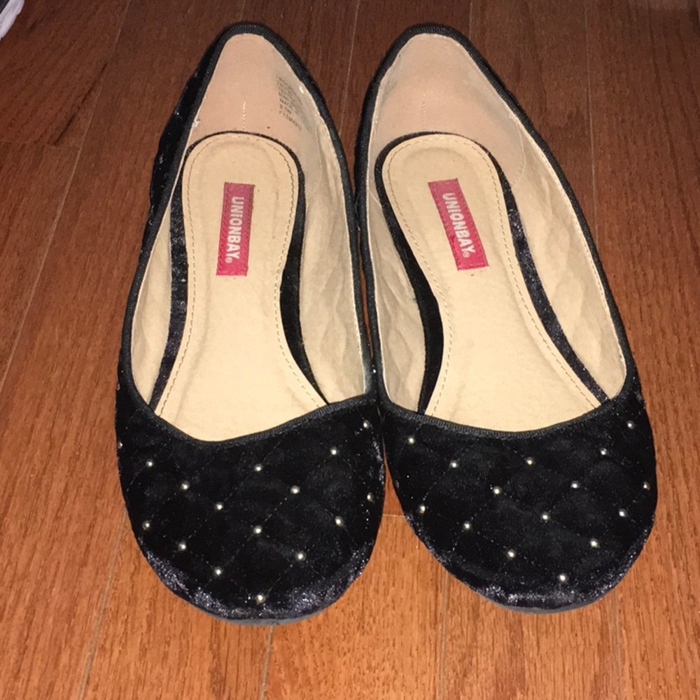 Black flats with gold sparkles